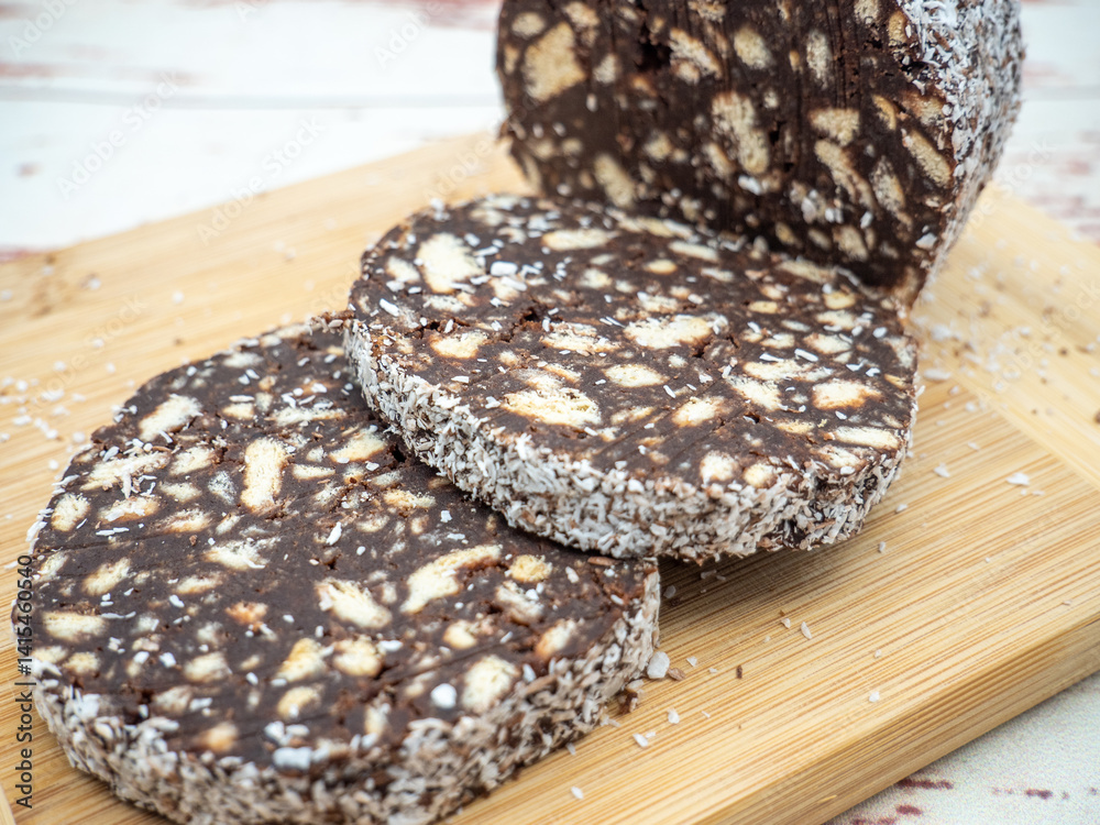 homemade chocolate salami with biscuits and turkish delight