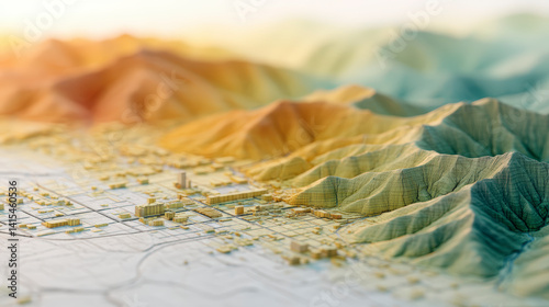 A detailed topographic map with vibrant, textured hills and valleys, highlighting miniature 3D buildings in a realistic geographical layout.