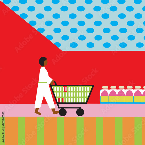 Grocery Shopping Experience Supermarket Digital Illustration Bright Environment Side View Consumer Behavior