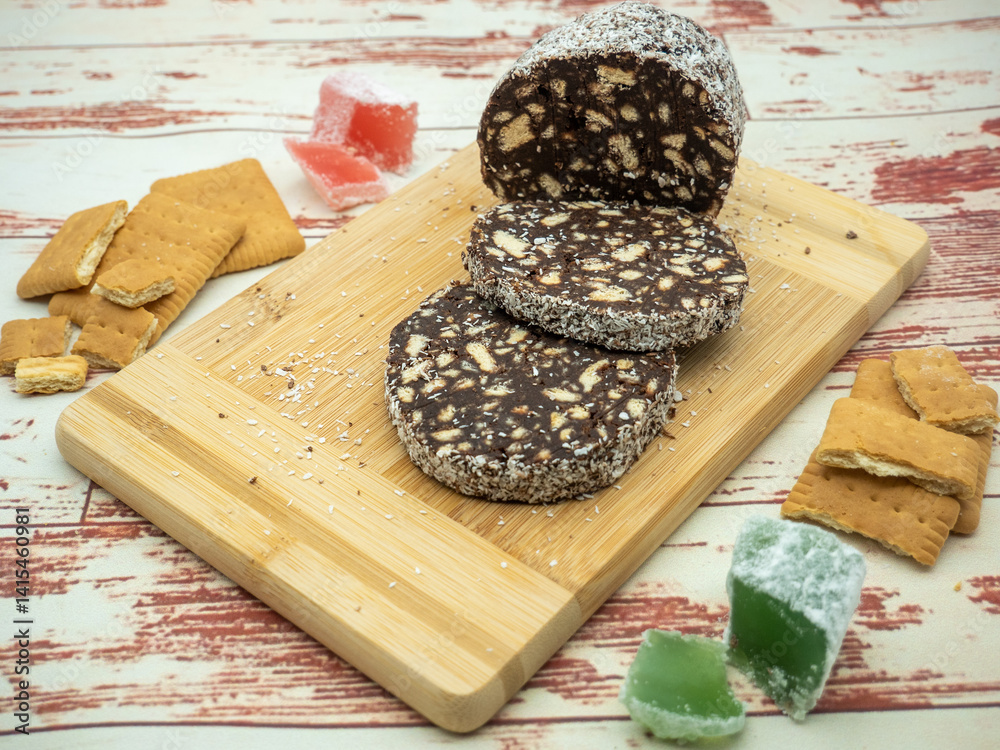 homemade chocolate salami with biscuits and turkish delight