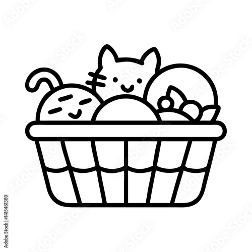 Cute basket with cat, bunny, and christmas ornament vector illustration for graphic design needs