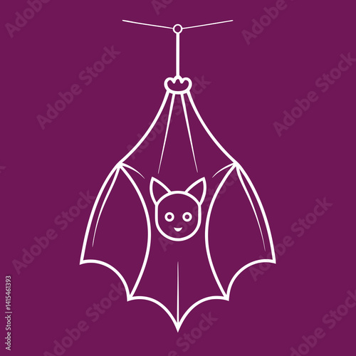 Minimalist halloween bat line art suspended in darkness with a smiling face