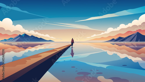 A man stands on a bridge overlooking a body of water. The sky is cloudy and the water is calm. The man is looking out over the water, lost in thought. Concept of solitude and contemplation