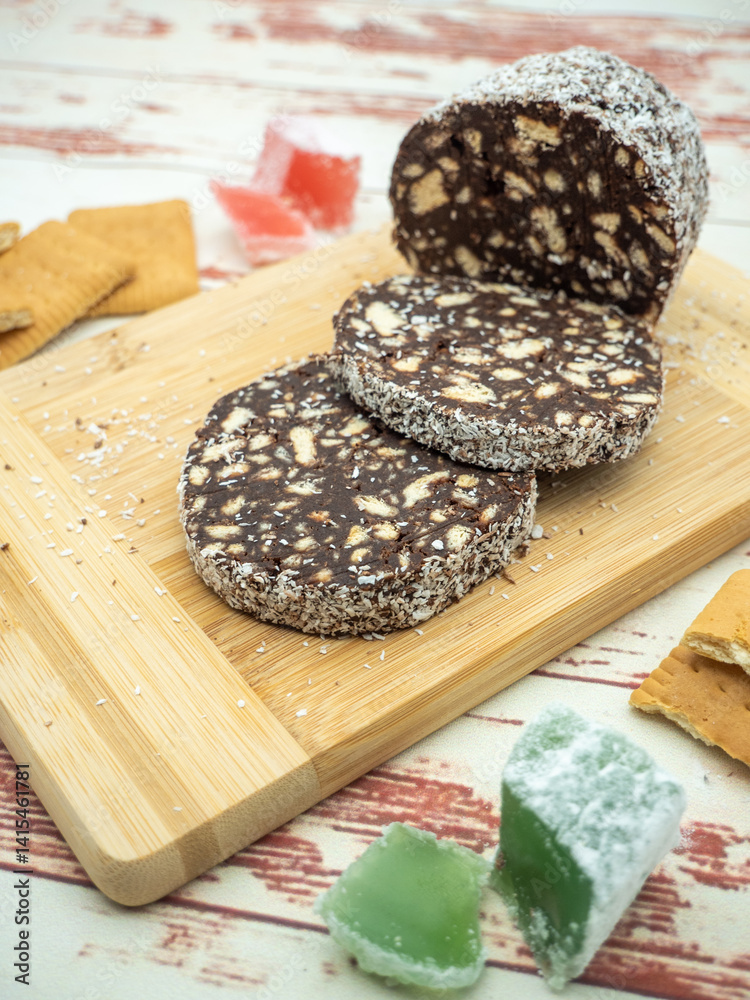 homemade chocolate salami with biscuits and turkish delight