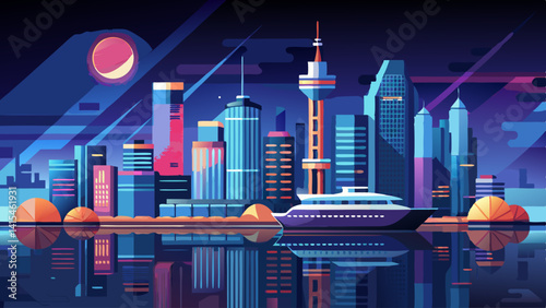 A city skyline with a large red moon in the background. The city is lit up with neon lights, giving it a futuristic and vibrant atmosphere