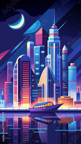 A city skyline with a large red moon in the background. The city is lit up with neon lights, giving it a futuristic and vibrant atmosphere