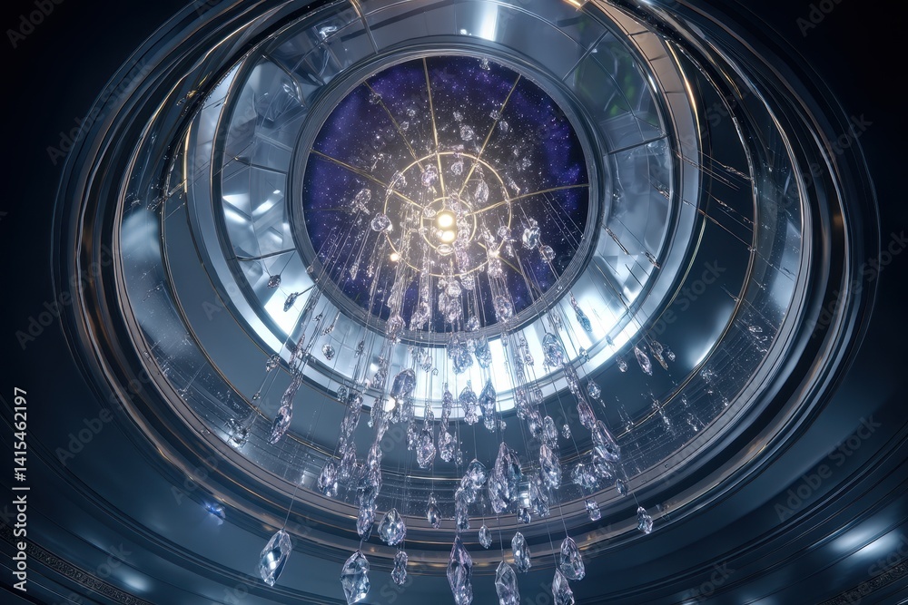Obraz premium Elegant, cascading crystal chandelier hanging from a celestial-themed ceiling, adding luxury and sophistication to the interior space.
