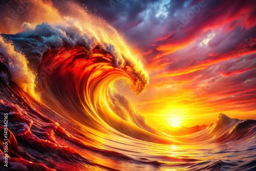 Ocean Wave at Sunset with Warm Light and Reflections