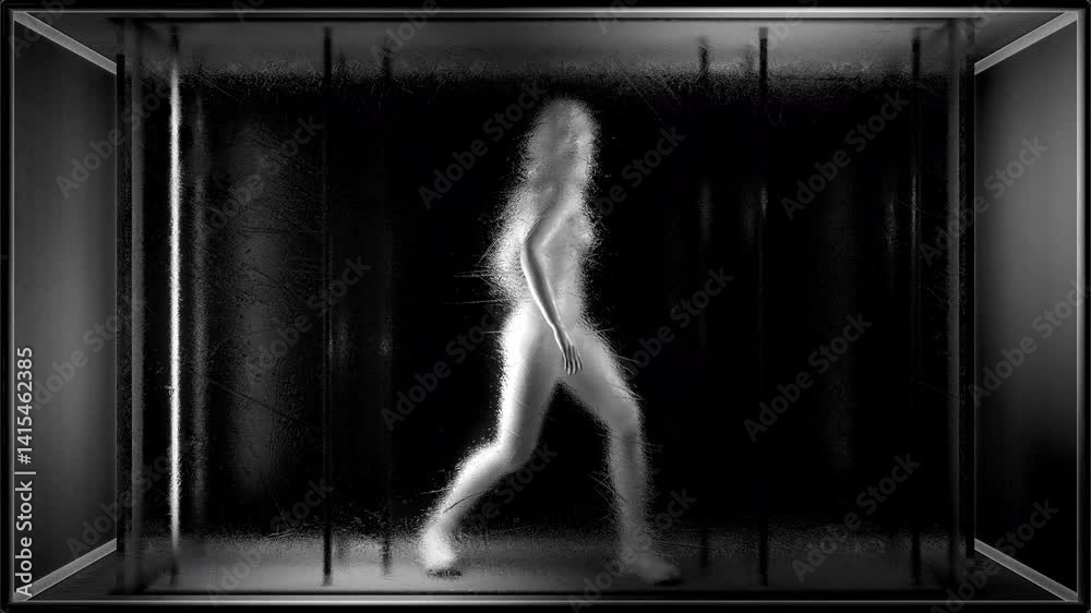 Woman Ghost Figure in Light Glass Box
