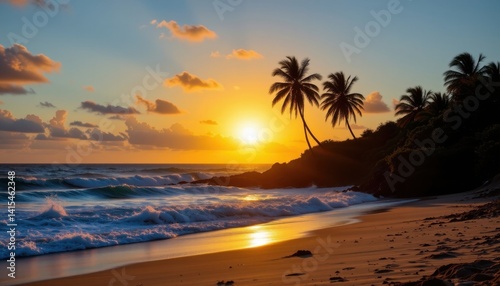 Breathtaking scenery of golden sun setting behind silhouetted palm trees against a backdrop of serene ocean waves crashing on the sandy beach.