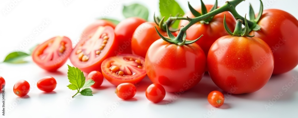 Fototapeta premium Different types of tomatoes displayed on white background, red, Tomatoes, round