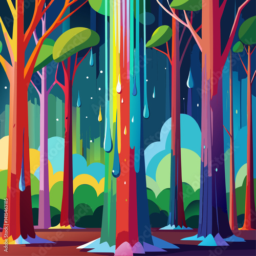 A colorful painting of a forest with a rainbow waterfall. The painting is vibrant and full of life, with the colors of the rainbow blending together to create a sense of harmony and beauty