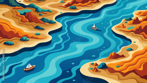 The painting depicts a river with a boat and a sailboat floating on it. The scene is set in a beautiful, serene environment with a sandy beach and a rocky shoreline. The water is calm and clear