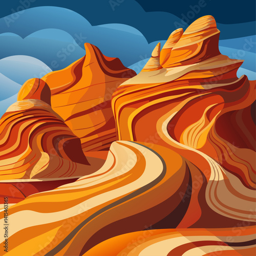 A painting of a desert landscape with mountains in the background. The mountains are jagged and the sky is blue. The painting has a sense of depth and vastness