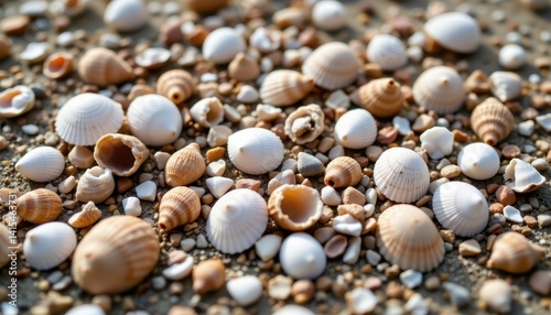 A close up image featuring a variety of seashells scattered across a sandy beach, capturing the intricate details and unique patterns of each shell.