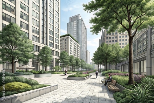 A tranquil urban oasis showcasing modern architecture and lush green spaces, inviting residents to relax and connect amidst the city's vibrant energy with soft sunlight filtering through the trees.
