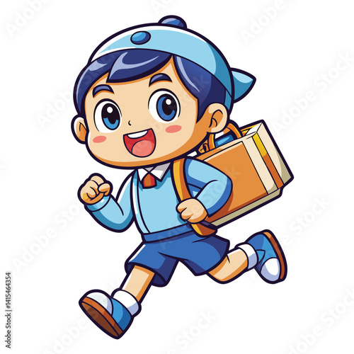 Happy schoolboy running to school