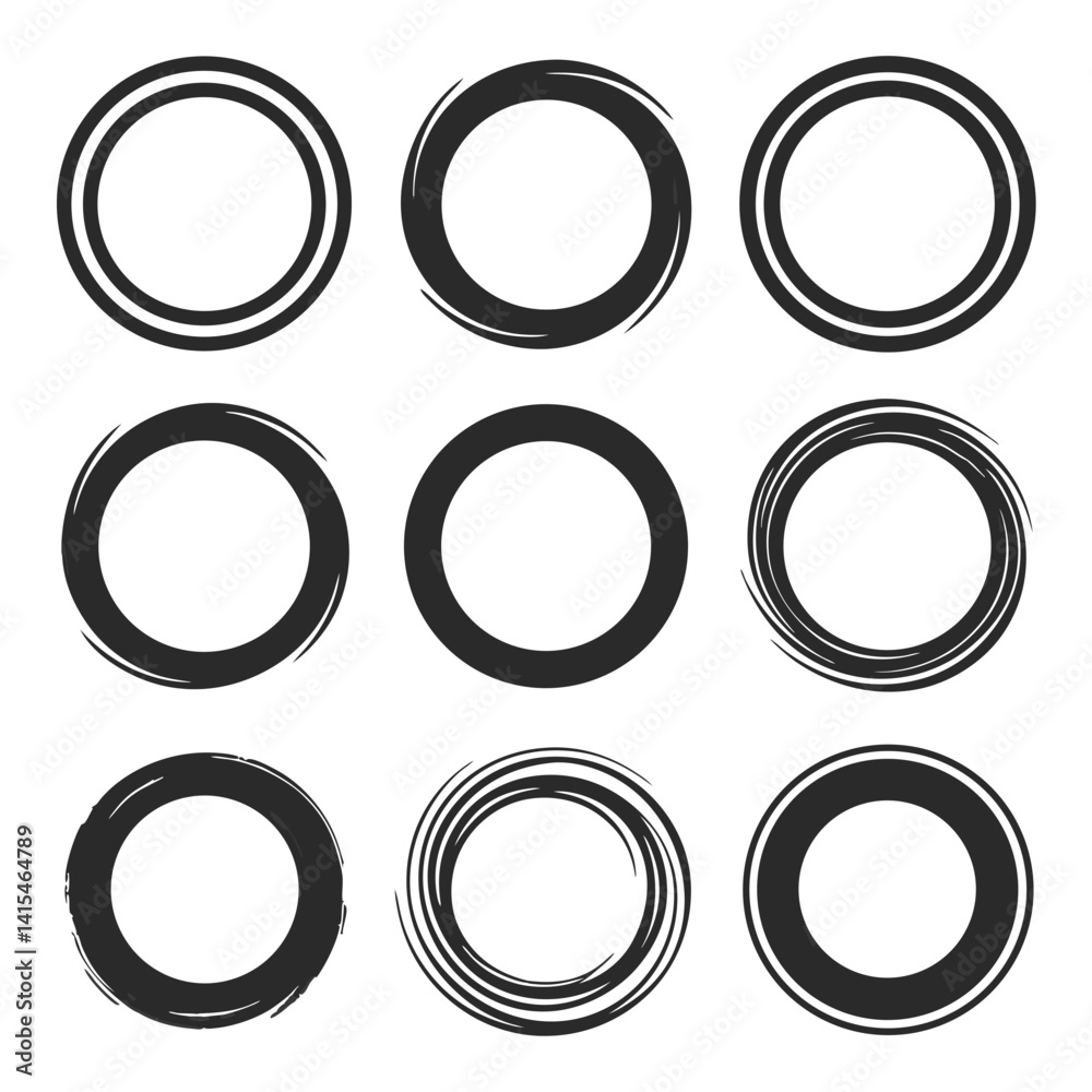 Set of 9 Black Circle Brushstroke Icons with Varying Styles Set of 9 Black Circle Brushstroke Icons with Varying Styles