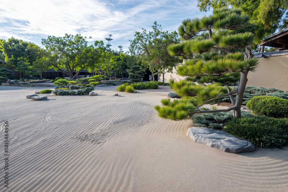 The image depicts a serene Japanese garden with raked sand, various shrubs, and a low stone wall