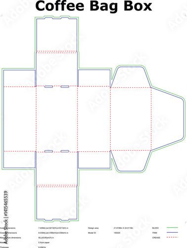 Coffee bag box template packaging design blueprint layout e flute paper material with dimensions for print and die cut