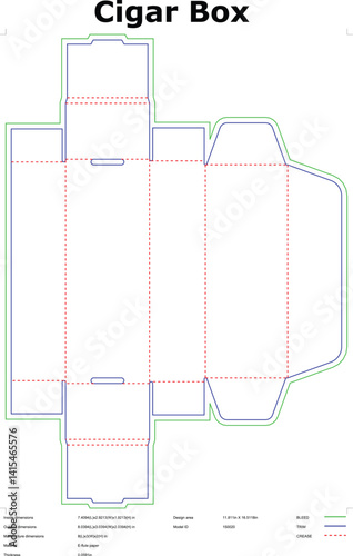 Die cut template for a cigar box packaging design ready for printing and manufacturing with dimensions and technical details