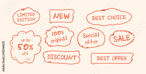Hand Drawn Doodle Style Stickers. Labels with Texts Limited Edition, Best Offer, New, Discount, 50 Percent Off, Special Offer, 100 Percent Original. Vector Illustration.