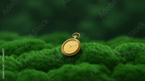 A vintage gold pocket watch lying on moss-covered stones in a misty forest, deep greens, cool diffused light, space for text