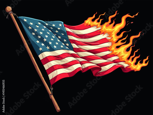 Vector design with drawing
of fire torn national flag of usa is fluttering in wind. 
Fashion t-shirt print in american style. Pattern 
of stars and stripes for fabric, clothing with flame.