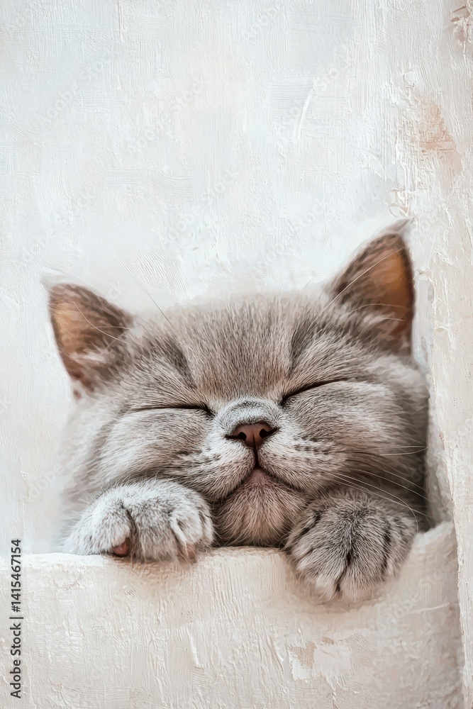 Cute Sleeping Kitten with Soft Gray Fur and Relaxed Expression