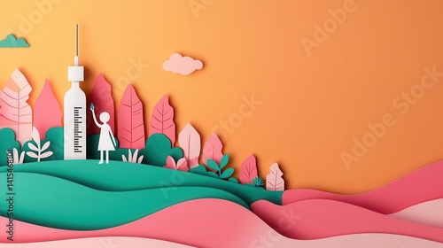 Vaccination scene made in playful paper cut style, childfriendly health awareness photo