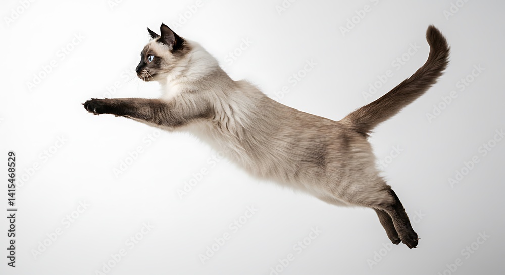Cream Point Cat in Mid Air Leap Against White Background Cream Point Cat in Mid Air Leap Against White Background
