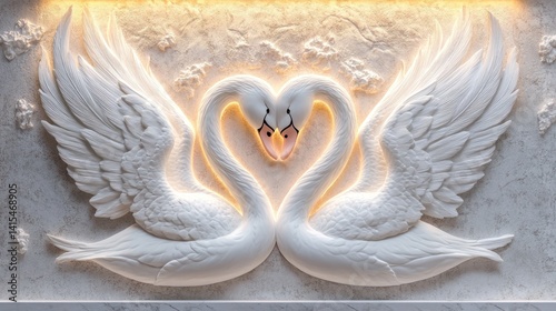 Fototapeta Naklejka Na Ścianę i Meble -  White swan couple love heart wall art decor