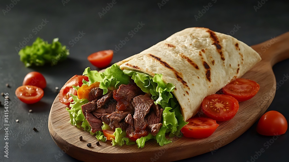 Juicy Beef Shawarma with Fresh Lettuce and Tomatoes on Wooden Board Juicy Beef Shawarma with Fresh Lettuce and Tomatoes on Wooden Board