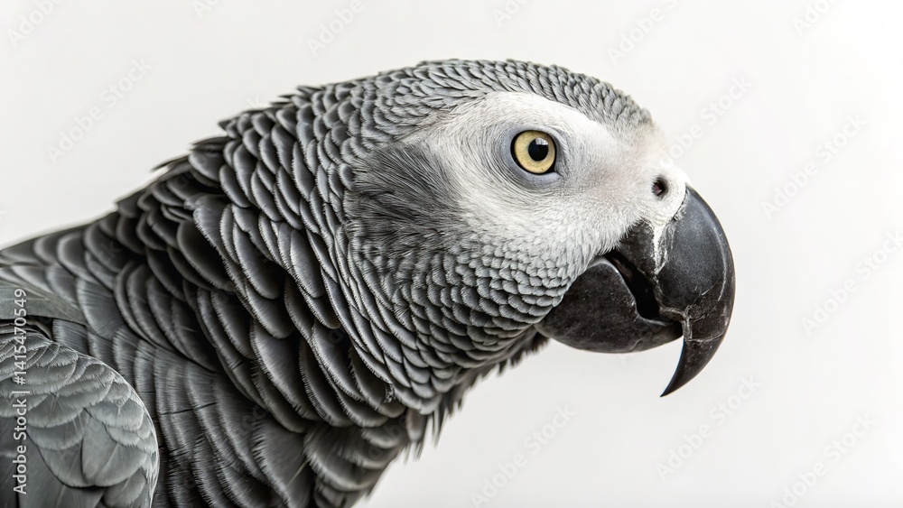 Fototapeta premium A magnificent gray parrot with striking detail in its feathers is captured in a clean portrait.