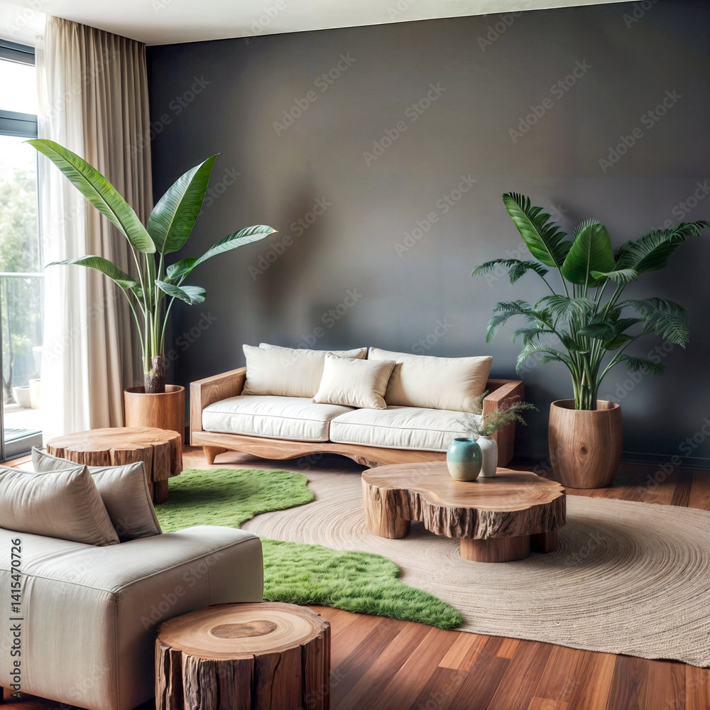 Tropical Living Room with Natural Wood Furniture and Indoor Plants