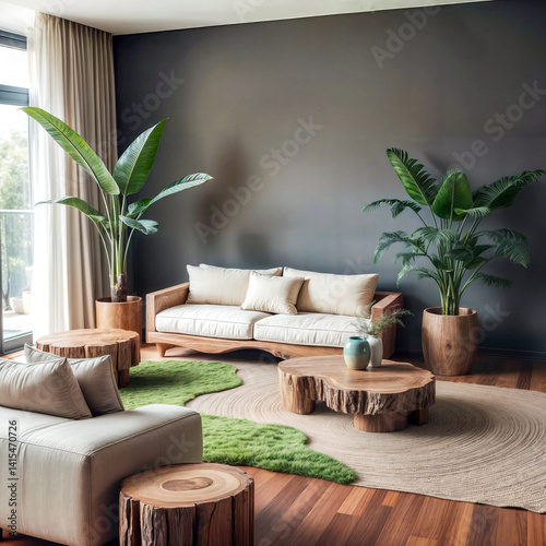 Obraz na płótnie Tropical Living Room with Natural Wood Furniture and Indoor Plants w salonie
