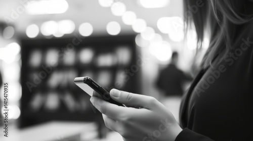 Monochromatic Woman Using Smartphone in Blurred Cityscape