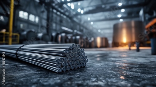 Industrial scene with wire-bound aluminum rods beside metal vats
