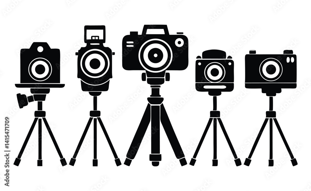 Obraz premium Digital Video Camera Tripod Silhouettes - Vector Collection of Camera Stand Icons and Tripod Designs