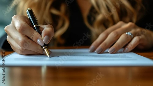 Woman signing a document with a fountain pen on a wooden table, soft focus background