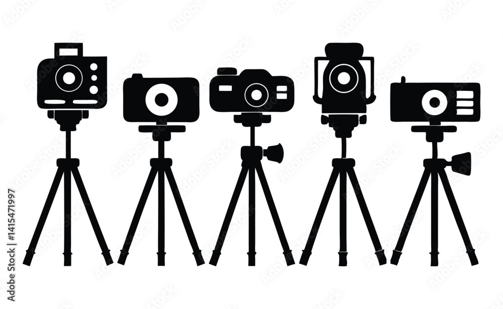 Obraz premium Digital Video Camera Tripod Silhouettes - Vector Collection of Camera Stand Icons and Tripod Designs