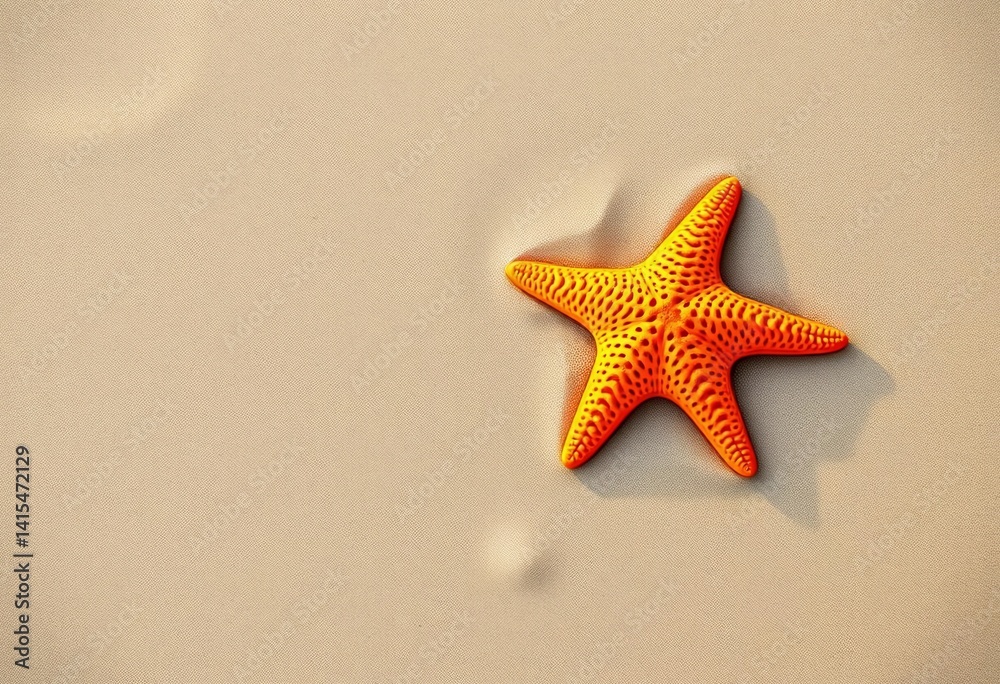 A vibrant orange starfish lies on a sandy beach, washed ashore by the tide, marine, holiday