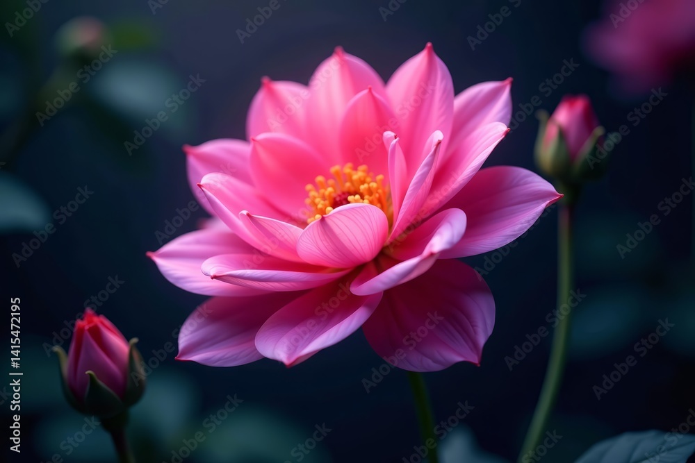 A vibrant pink generative AI flower blooming in darkness, digital, technology, colorful