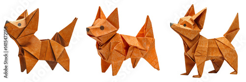 Playful origami dogs in paper fold style isolated on transparent PNG image perfect for animal sets or pet-themed decorations