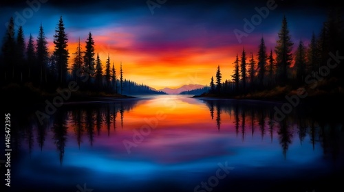 Vibrant sunset reflecting on a serene lake surrounded by dark pines.