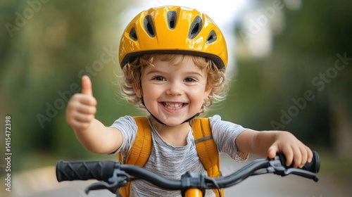 Happy toddler biking with thumbs up.