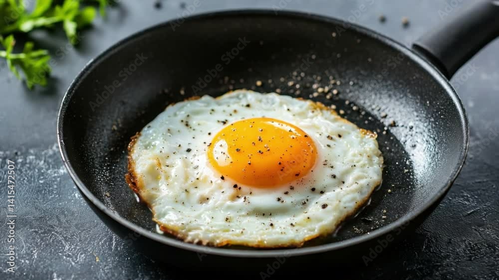 Bright and Fresh Fried Egg with Sunny Yellow Yolk and Crisp Edges in Black Frying Pan Surrounded by Herbs and Spices on Dark Surface Bright and Fresh Fried Egg with Sunny Yellow Yolk and Crisp Edges in Black Frying Pan Surrounded by Herbs and Spices on Dark Surface