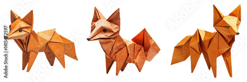 Bright orange paper foxes in dynamic poses isolated on transparent PNG image perfect for woodland scenes or creative papercraft