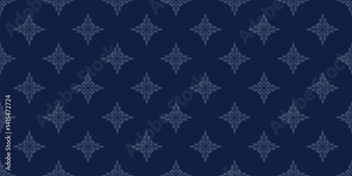 Elegant geometric floral ornament. Simple seamless pattern in damask, oriental style, with abstract flower silhouettes, foliage, tiles. Subtle dark blue background. Repeated design for textile, decor