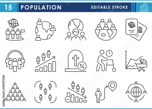 A set of line icons related to Population. Growth, migration, life expectancy, overpopulation, residents, worldwide, birth rate, and so on. Vector editable stroke.